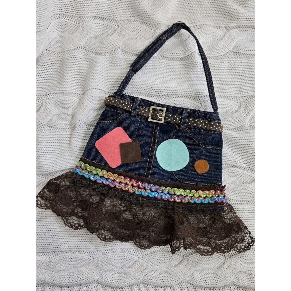 Denim Skirt Purse Child Size Adjustible Shoulder Strap Lace Bottom Zip Closure